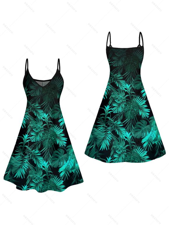 Vacation Couple Outfit Allover Tropical Leaf Pattern Spaghetti Strap V Neck A Line Mini Tank Dress and Roll Up Sleeve Shirt Beach Matching Outfit - Vert S | US 4