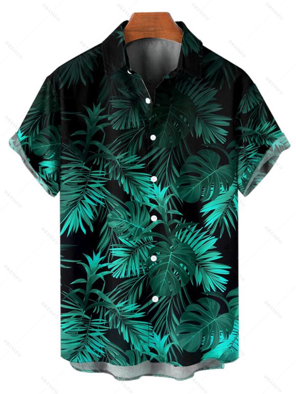 Vacation Couple Outfit Allover Tropical Leaf Pattern Spaghetti Strap V Neck A Line Mini Tank Dress and Roll Up Sleeve Shirt Beach Matching Outfit - Vert S | US 4