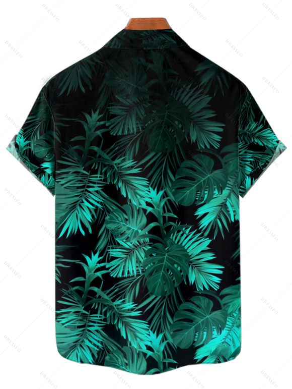 Vacation Couple Outfit Allover Tropical Leaf Pattern Spaghetti Strap V Neck A Line Mini Tank Dress and Roll Up Sleeve Shirt Beach Matching Outfit - Vert S | US 4