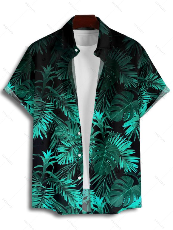 Vacation Couple Outfit Allover Tropical Leaf Pattern Spaghetti Strap V Neck A Line Mini Tank Dress and Roll Up Sleeve Shirt Beach Matching Outfit - Vert S | US 4