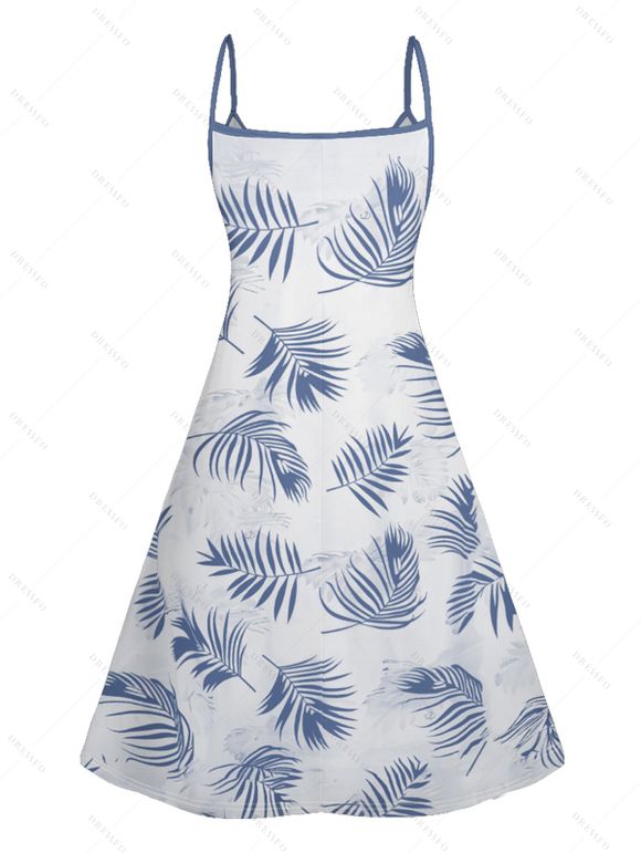 Vacation Couple Outfit Palm Tree Leaf Pattern Spaghetti Strap V Neck A Line Mini Tank Dress and Roll Up Sleeve Shirt Drawstring Shorts Hawaii Matching Outfit - Bleu gris S | US 4