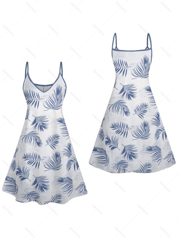 Vacation Couple Outfit Palm Tree Leaf Pattern Spaghetti Strap V Neck A Line Mini Tank Dress and Roll Up Sleeve Shirt Drawstring Shorts Hawaii Matching Outfit - Bleu gris S | US 4