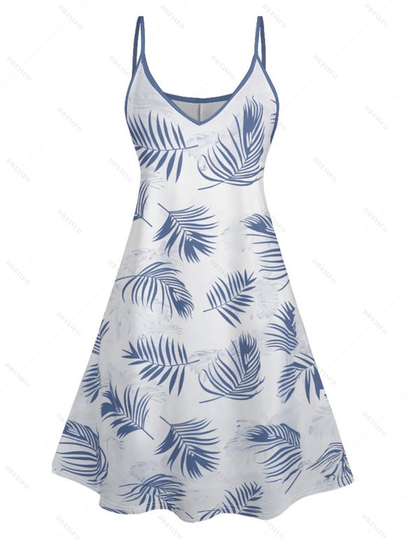 Vacation Couple Outfit Palm Tree Leaf Pattern Spaghetti Strap V Neck A Line Mini Tank Dress and Roll Up Sleeve Shirt Drawstring Shorts Hawaii Matching Outfit - Bleu gris S | US 4