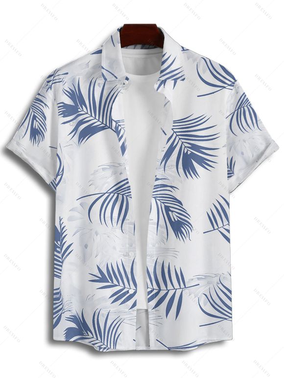Vacation Couple Outfit Palm Tree Leaf Pattern Spaghetti Strap V Neck A Line Mini Tank Dress and Roll Up Sleeve Shirt Drawstring Shorts Hawaii Matching Outfit - Bleu gris S | US 4
