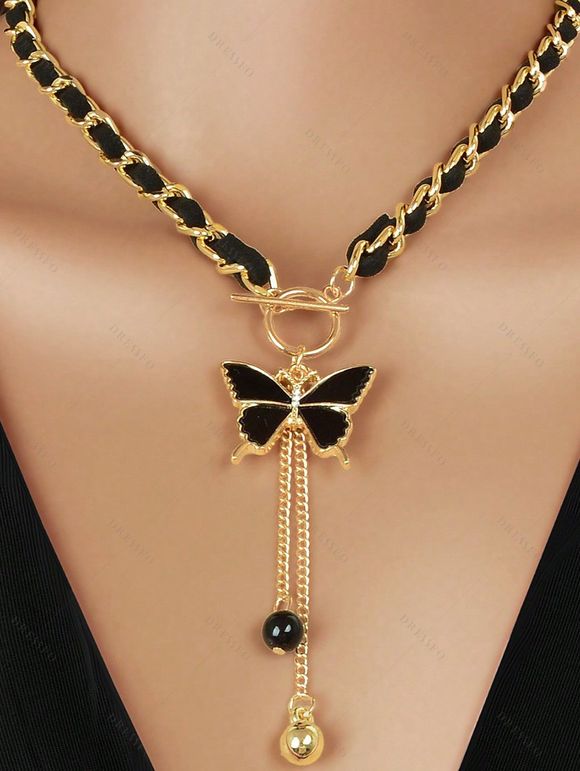 Collier en Flanelle avec Pendentif Papillon Franges en Chaînes et Cristal Fantaisie - Noir 