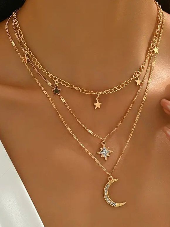 Ensemble de Colliers à Plusieurs Branches avec Pendentifs Lune Etoile et Strass 3 Pièces - d'or 