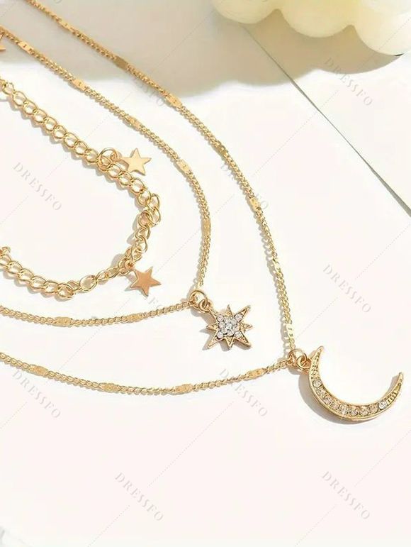 Ensemble de Colliers à Plusieurs Branches avec Pendentifs Lune Etoile et Strass 3 Pièces - d'or 