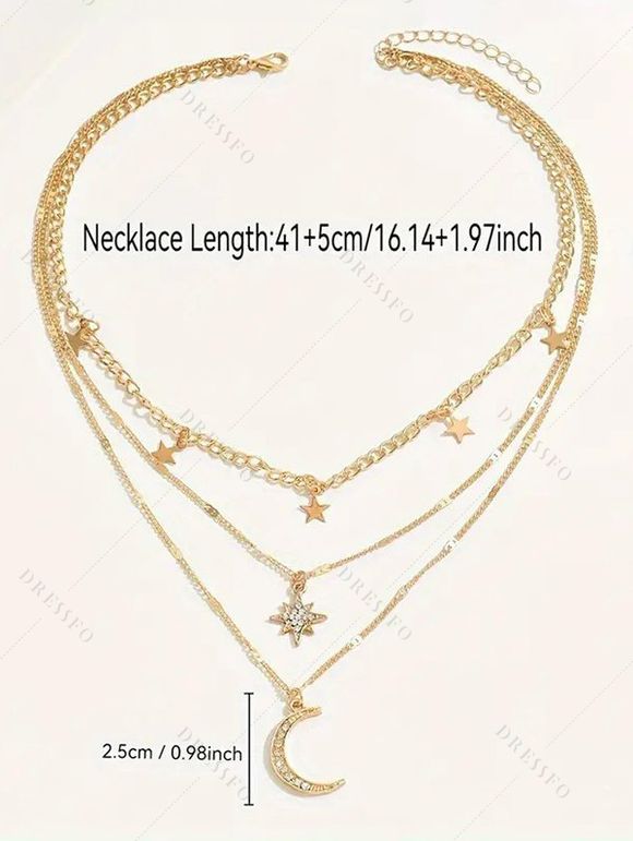 Ensemble de Colliers à Plusieurs Branches avec Pendentifs Lune Etoile et Strass 3 Pièces - d'or 