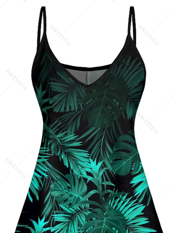 Mini Robe Ligne A Motif de Feuille Tropicale à Bretelle Fine à Col V - Vert XXXL | US 16