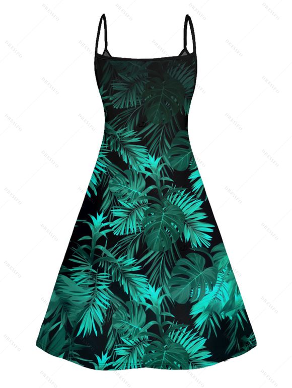 Mini Robe Ligne A Motif de Feuille Tropicale à Bretelle Fine à Col V - Vert XXXL | US 16