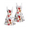 Allover Floral Leaf Pattern Ruched Bust Belt Dress Sweetheart Neck Empire Waist A Line Mini Vacation Dress - WHITE XL | US 12