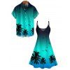 Vacation Couple Outfit Ombre Coconut Tree Seagulls Pattern Spaghetti Strap V Neck A Line Mini Tank Dress and Roll Up Sleeve Shirt Beach Matching Outfit