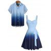Casual Couple Outfit Ombre Ruched Bust Belt Sweetheart Neck A Line Mini Dress and Roll Up Sleeve Shirt Matching Outfit - Bleu S | US 4