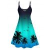 Vacation Couple Outfit Ombre Coconut Tree Seagulls Pattern Spaghetti Strap V Neck A Line Mini Tank Dress and Roll Up Sleeve Shirt Beach Matching Outfit - Vert S | US 4
