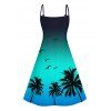 Vacation Couple Outfit Ombre Coconut Tree Seagulls Pattern Spaghetti Strap V Neck A Line Mini Tank Dress and Roll Up Sleeve Shirt Beach Matching Outfit - Vert S | US 4