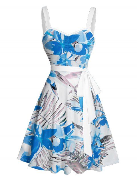 Robe de Plage Ligne A Fleurie Feuille Tropicale Imprimée Ceinturée Au Poitrine