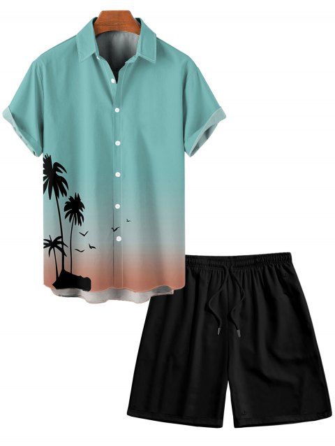 Ensemble Short de Plage Ombré Palmier Imprimé à Manches Courtes à Cordon Deux Pièces