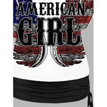 Independence Day Outfit American Flag Letter Wings Pattern Skew Neck Tee Cinched Tank Top Set and Lace Up Pockets Demin Flare Jeans Patriotic Outfit