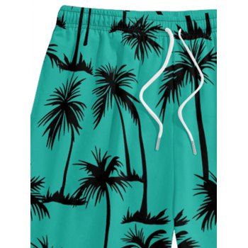 Vacation Men Outfit Palm Tree Print Roll Up Sleeve Button Up Shirt and Drawstrings Shorts Beach Two Piece Set