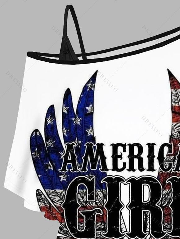 Independence Day Outfit American Flag Letter Wings Pattern Skew Neck Tee Cinched Tank Top Set and Lace Up Pockets Demin Flare Jeans Patriotic Outfit - Noir S | US 4