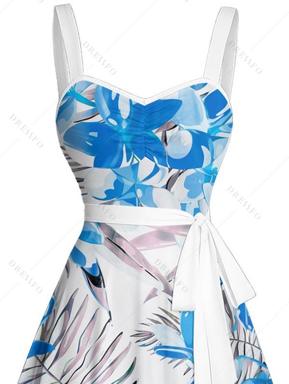 Robe de Plage Ligne A Fleurie Feuille Tropicale Imprimée Ceinturée Au Poitrine - Bleu L | US 8-10