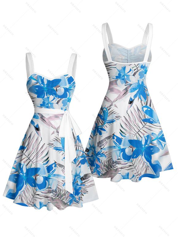 Robe de Plage Ligne A Fleurie Feuille Tropicale Imprimée Ceinturée Au Poitrine - Bleu L | US 8-10