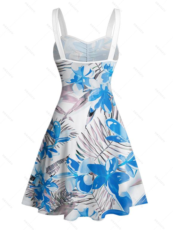 Robe de Plage Ligne A Fleurie Feuille Tropicale Imprimée Ceinturée Au Poitrine - Bleu L | US 8-10