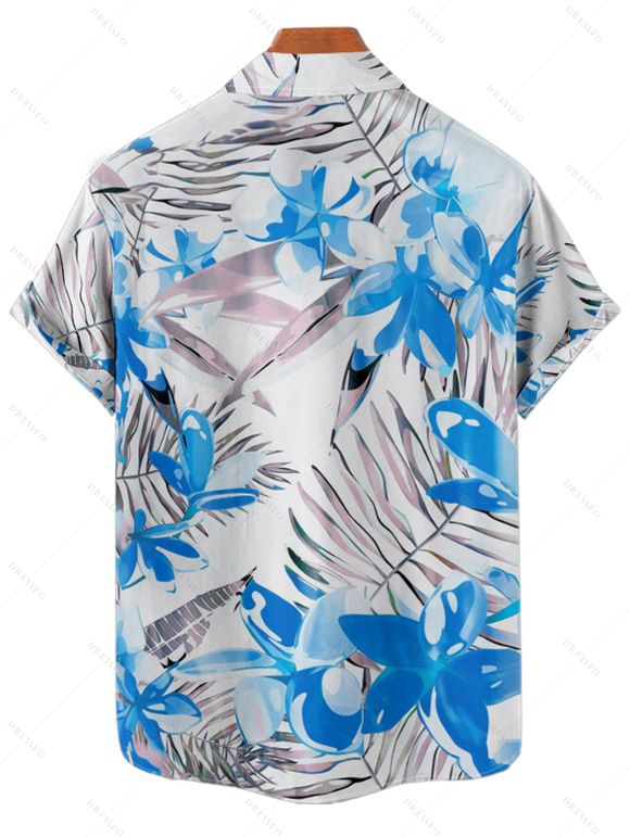 Chemise de Plage de Vacances Fleur Tropicale Imprimée Boutonnée à Manches Roulées pour Homme - Bleu 2XL