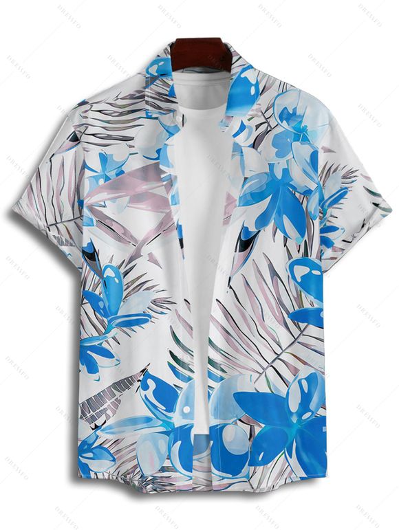 Chemise de Plage de Vacances Fleur Tropicale Imprimée Boutonnée à Manches Roulées pour Homme - Bleu 2XL