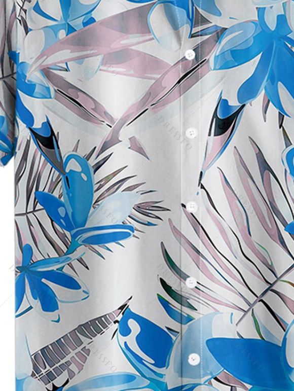 Chemise de Plage de Vacances Fleur Tropicale Imprimée Boutonnée à Manches Roulées pour Homme - Bleu 2XL