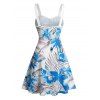 Tropical Leaf Floral Print Ruched Bust Vacation Dress A Line Sweetheart Neck Belt Beach Dress - BLUE XXXXL | US 18