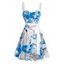 Tropical Leaf Floral Print Ruched Bust Vacation Dress A Line Sweetheart Neck Belt Beach Dress - BLUE XXXXL | US 18