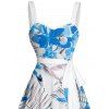 Tropical Leaf Floral Print Ruched Bust Vacation Dress A Line Sweetheart Neck Belt Beach Dress - BLUE XXXXL | US 18