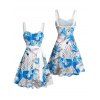 Tropical Leaf Floral Print Ruched Bust Vacation Dress A Line Sweetheart Neck Belt Beach Dress - BLUE XXXXL | US 18