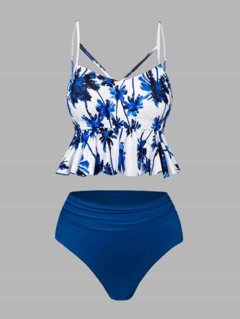 Maillot de Bain Tankini Découpé Motif de Cocotier à Bretelle Fine Deux Pièces