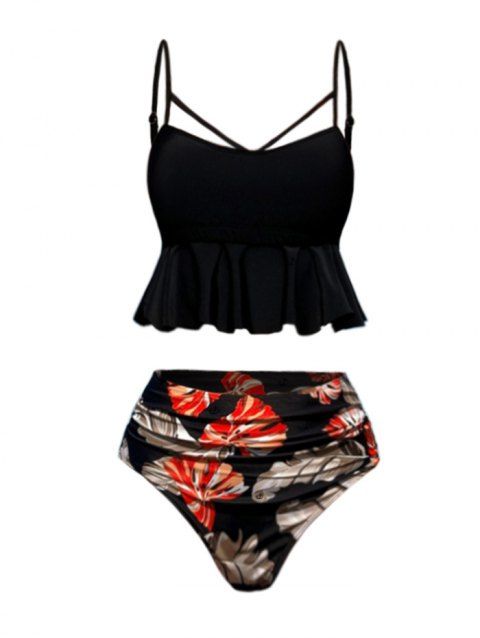 Maillot de Bain Tankini de Plage Feuille Tropicale Découpé à Bretelle Fine Deux Pièces