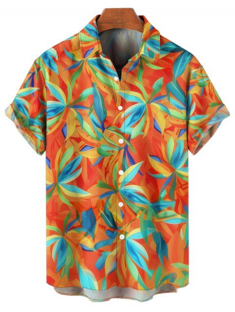 Chemise de Vacances Hawaii Boutonnée Motif de Feuille Colorée Manches Roulées