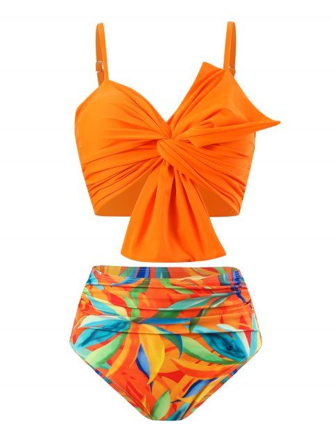 Two Piece Beach Tankini Swimsuit Twisted Bowknot Spaghetti Strap Padded Top and Colored Leaf Pattern Ruched Tummy Control Briefs Vacation Swimwear