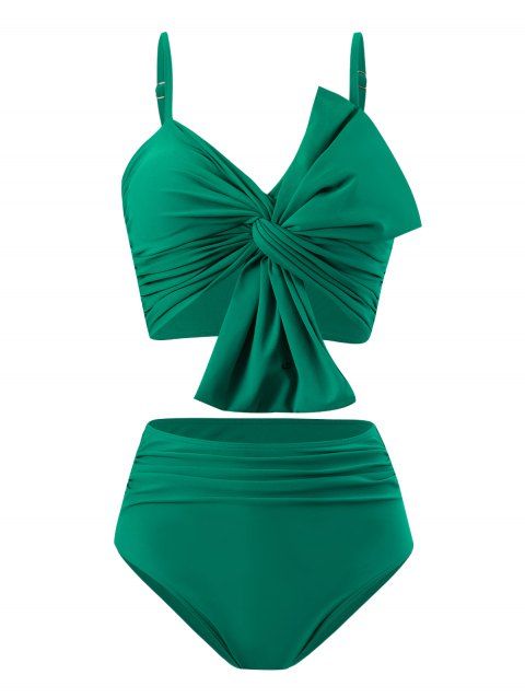 Maillot de Bain Tankini de Plage Matelassé en Couleur Unie à Bretelle Fine avec Nœud Papillon Deux Pièces
