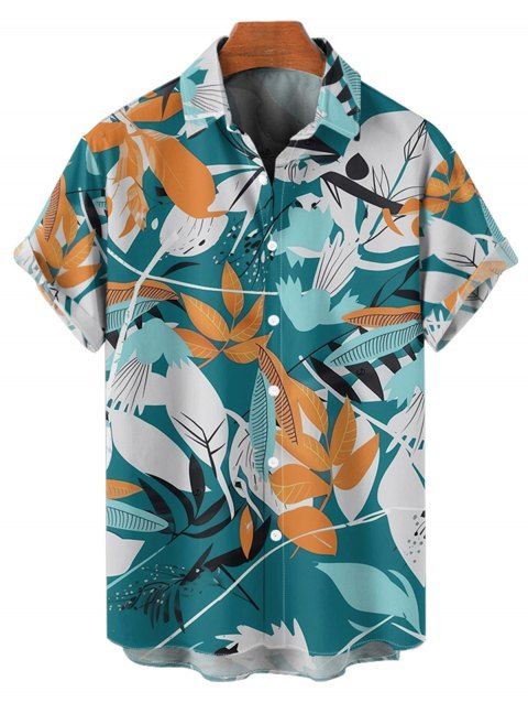 Chemise de Vacances Hawaii Boutonnée Motif de Feuille de Plante Tropicale à Manches Roulées pour Homme