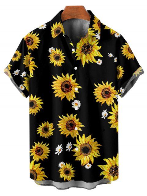 Chemise de Vacances Décontractée Fleurie Marguerite Imprimée Boutonnée à Manches Roulées pour Homme