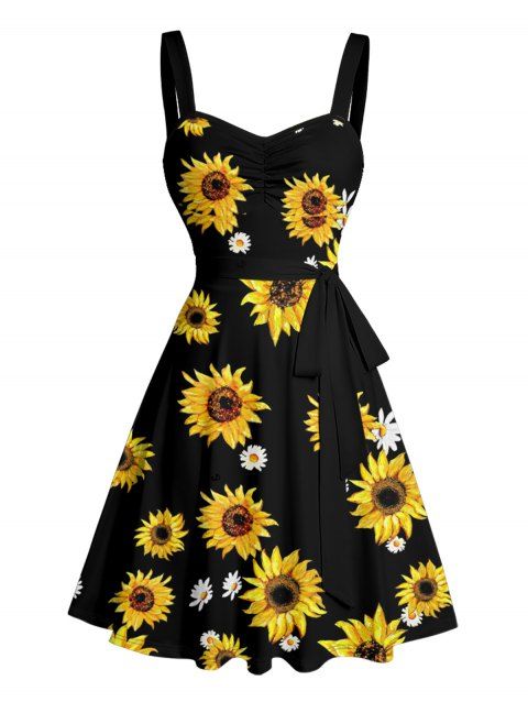 Mini Robe de Vacances Ligne A Motif de Tournesol Marguerite Ceinturée Au Poitrine