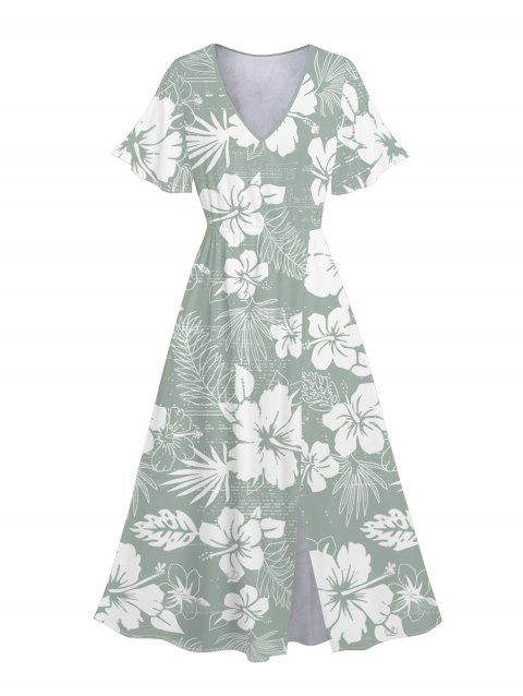 Robe de Vacances Mi-Longue Fleurie Imprimée Manches Bouffantes à Col V