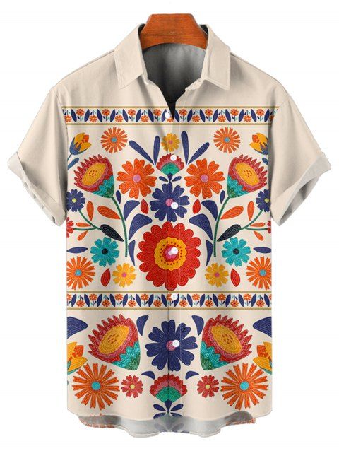 Chemise Boutonnée Feuille et Fleur Imprimée Style Bohémien à Col Relevé