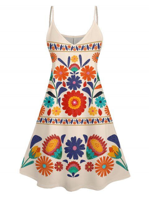 Mini Robe Ligne A de Vacances Motif de Feuille à Bretelle Fine Style Bohémien