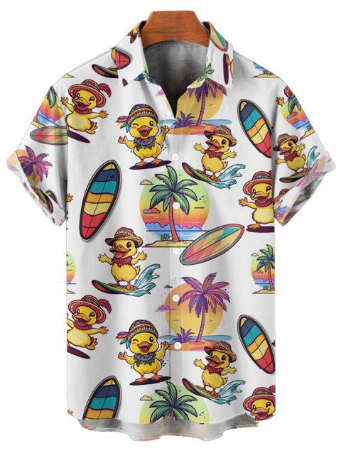 Chemise Décontractée Arbre et Canard Imprimé Boutonnée à Manches Courtes pour Homme