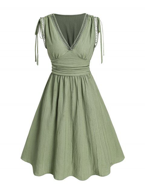 Solid Color Textured Lace Insert Dress Plunging Neck Cinched Shoulder Empire Waist A Line Mini Casual Dress