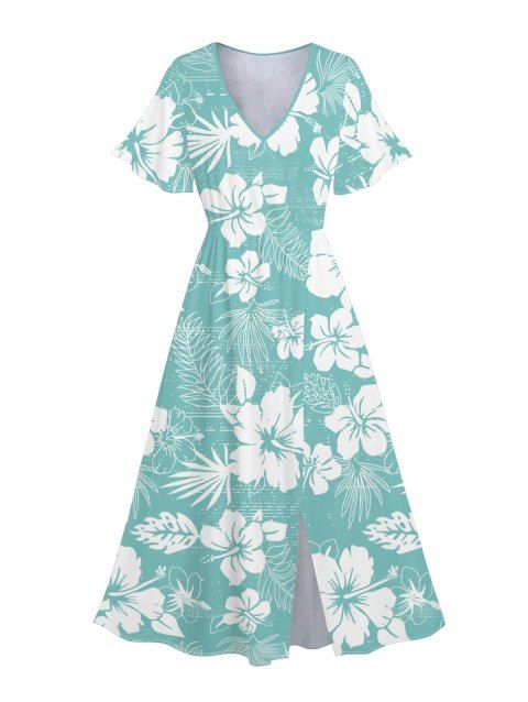 Robe D'Epingle de Vacances Mi-Longue Hibiscus Imprimée à Manches Bouffantes à Col V