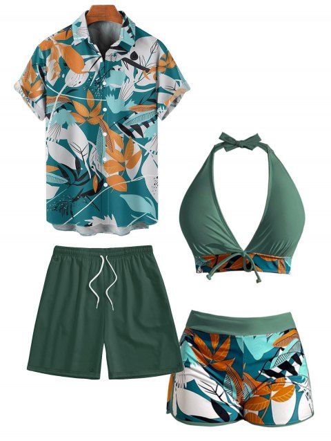 Hawaii Couple Outfit Plunging Bowknot Halter Neck Swim Top Tropical Plant Leaf Pattern Boyshorts Tankini Set and Roll Up Sleeve Shirt Drawstring Shorts Vacation Outfit