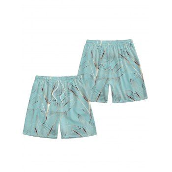 Vacation Men Outfit Tropical Leaf Pattern Roll Up Sleeve Button Up Shirt and Drawstring Shorts Beach Two Piece Set